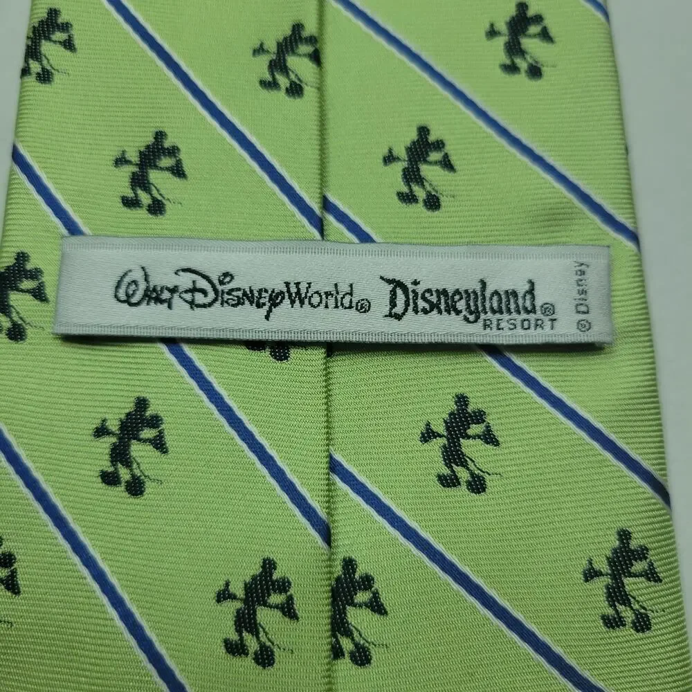 VTG Classic Mickey Mouse Disney Park Green Blue Striped 100% Silk Necktie Tie 4